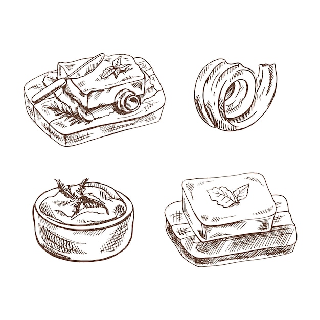 Conjunto de bocetos de productos lácteos dibujados a mano Mantequilla en un tablero cuchillo de menta yogur en un tazón rizo de mantequilla Ilustración vectorial Dibujo vintage en blanco y negro