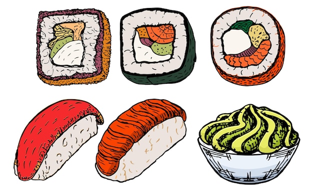 Conjunto de bocetos de sushi y rollos. Para pegatinas, etiquetas, logotipos: comida asiática con pescado, arroz, algas, caviar. Wasabi. Comida de restaurante. Ilustración colorida para los niños.