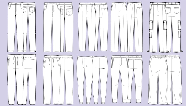 Vector conjunto de bocetos técnicos de pantalones de hombre