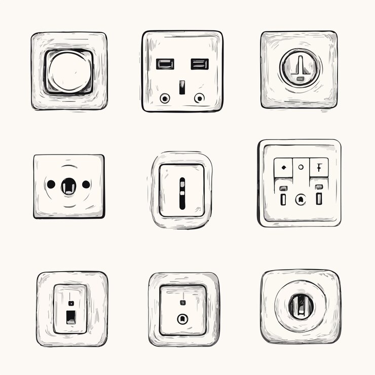 Vector conjunto de bocetos de tomas eléctricas dibujados a mano para ilustraciones y diseños