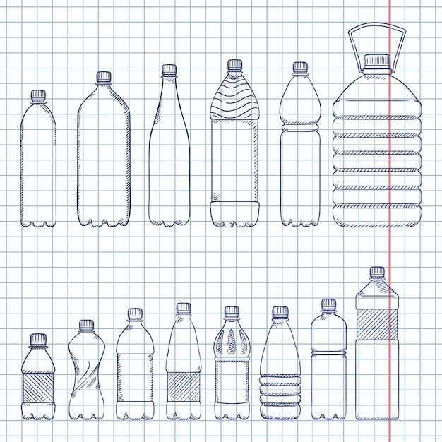 Conjunto de bocetos vectoriales de botellas de plástico para agua