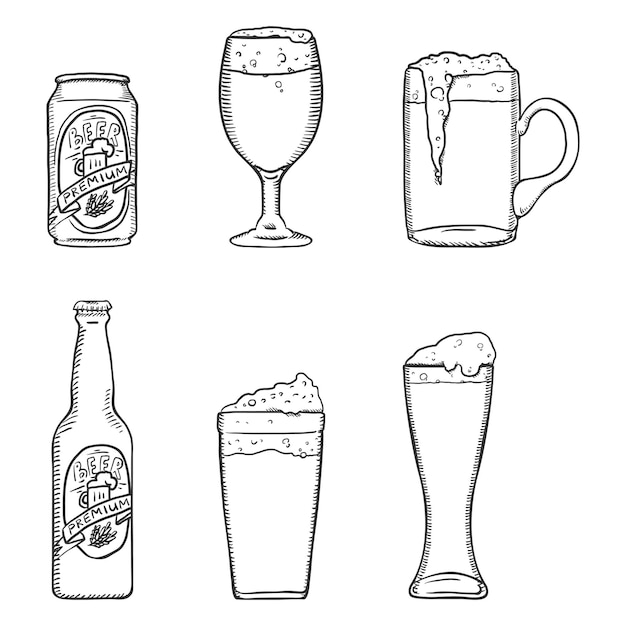 Conjunto de bocetos vectoriales de copas de cerveza botella y lata Ilustraciones del esquema para el menú del bar