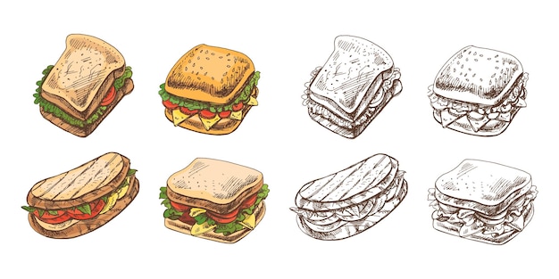 Conjunto de bocetos vectoriales de estilo retro de colores y monocromáticos dibujados a mano de sándwich con verduras y queso