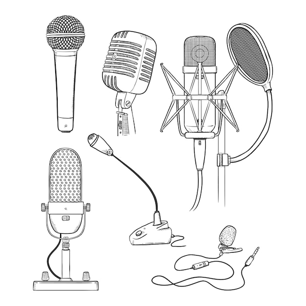 Conjunto de bocetos vectoriales de ilustraciones de micrófonos de diferentes tipos