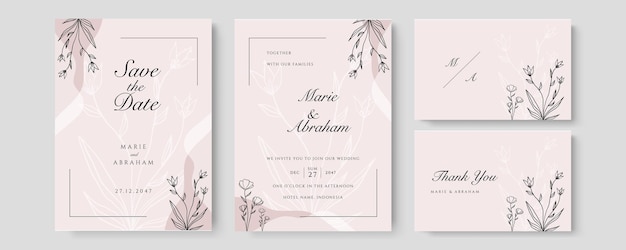 Conjunto de boda acuarela. Conjunto de tarjeta con hojas y follaje line art floral. Plantillas florales de moda para banner, flyer, poster, saludo en color pastel