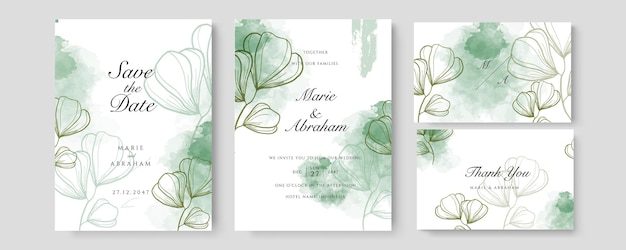 Conjunto de boda acuarela. conjunto de tarjeta con hojas y marco geométrico dorado. diseño con hojas de color verde bosque, eucalipto, helecho. plantillas florales de moda para banner, flyer, poster, saludo