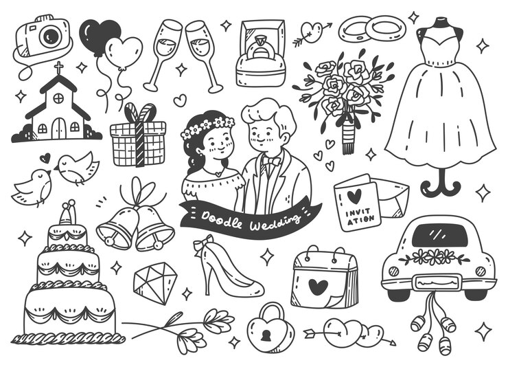 Vector conjunto, de, boda, garabato, línea, arte, vector, ilustración