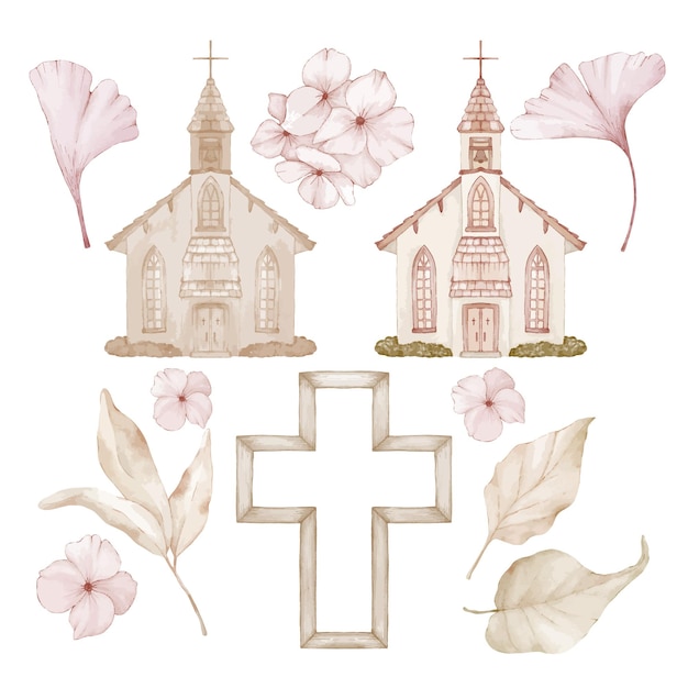 Vector conjunto de bodas crucifijo de la iglesia y flores