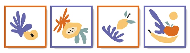 Conjunto de bodegones abstractos de moda con frutas Colorido collage de verano con formas orgánicas matisse