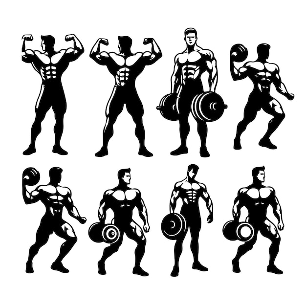 Un conjunto de Body Builder silueta de dibujos animados fondo blanco negro y blanco