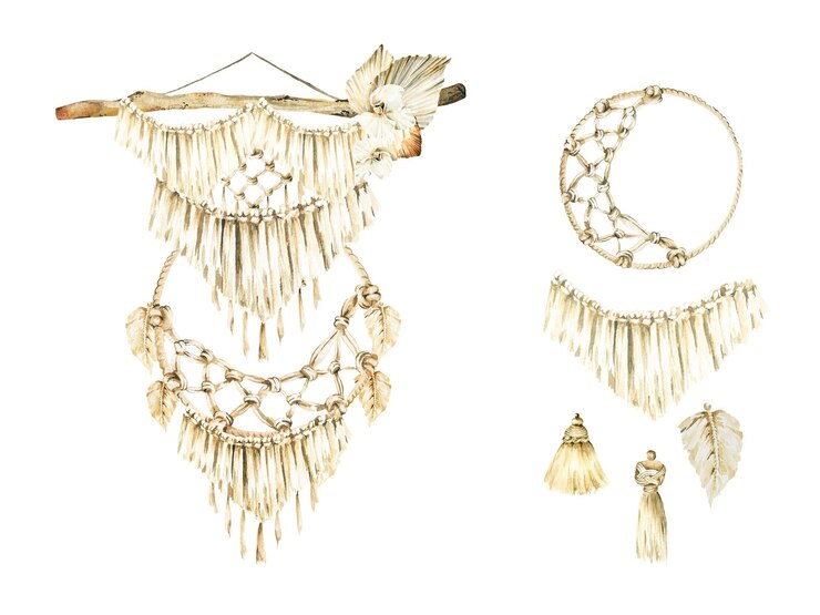 Vector conjunto bohemio decoración étnica para colgar en la pared panno de macramé para el diseño de interiores del hogar