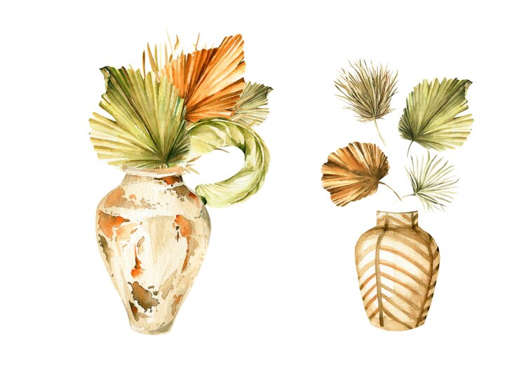 Vector conjunto boho jarrón de cerámica pintado a mano con ramo de hojas de palmeras tropicales flores hierba seca