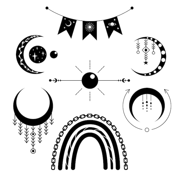 Conjunto boho de luna, aislado, monocromo, blanco y negro