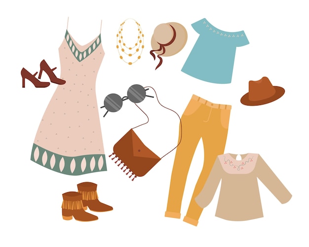 conjunto, de, boho, ropa, vector, ilustración, en, plano, caricatura, estilo, boho, trajes, vector, conceptx9