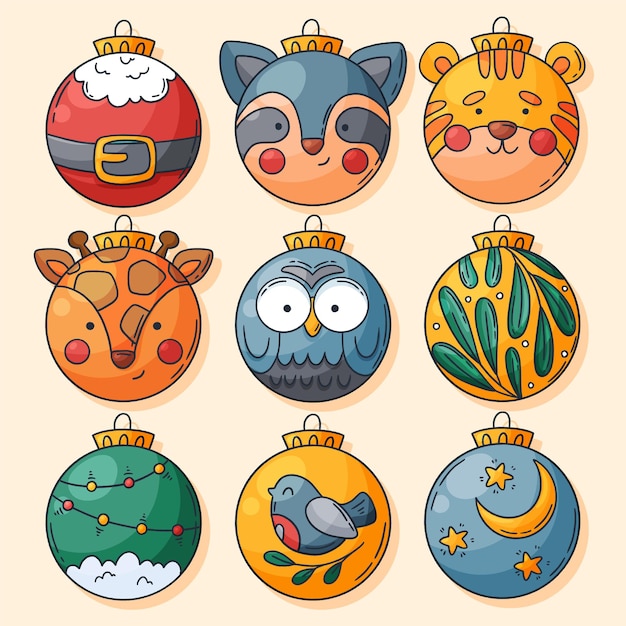 Conjunto de bolas y adornos navideños dibujados a mano. Adornos y adornos de vidrio. Muérdago, Santa, tigre, jirafa, mapache, búho, abeto, pájaro, guirnalda de luz, estrellas, luna. Ilustración vectorial