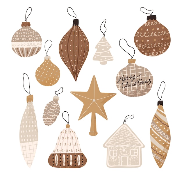 Conjunto de bolas de árbol de Navidad dibujadas a mano, Ilustración de vector plano aislado sobre fondo blanco. Decoración dorada escandinava para vacaciones de invierno.
