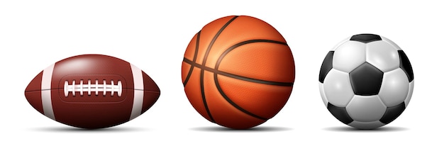 Conjunto de bolas bola de fútbol baloncesto y fútbol americano Ilustración vectorial 3d