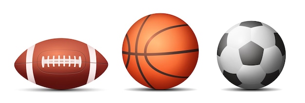 Conjunto de bolas bola de fútbol baloncesto y fútbol americano Ilustración vectorial 3d