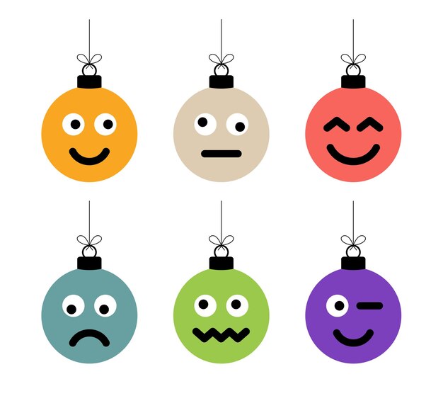 Conjunto de bolas de colores navideños con cara linda. Emoticonos en juguetes de burbujas. Vector para la decoración del árbol de Navidad de vacaciones