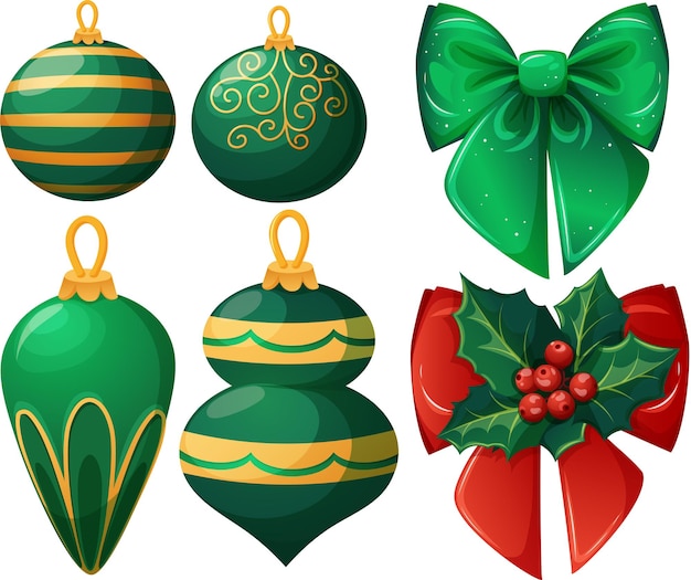 Conjunto de bolas y decoraciones de juguetes de árbol de navidad verde