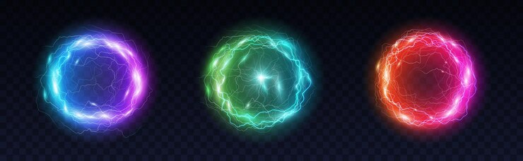 Vector conjunto de bolas eléctricas mágicas, lugar de impacto de golpe de círculo de relámpago, esfera de plasma aislada sobre fondo oscuro. conjunto de esferas de flash de energía eléctrica. ilustración vectorial 3d