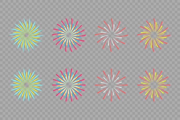 Conjunto de bolas de fuegos artificiales de celebración brillantemente aisladas sobre fondo transparente oscuro plano