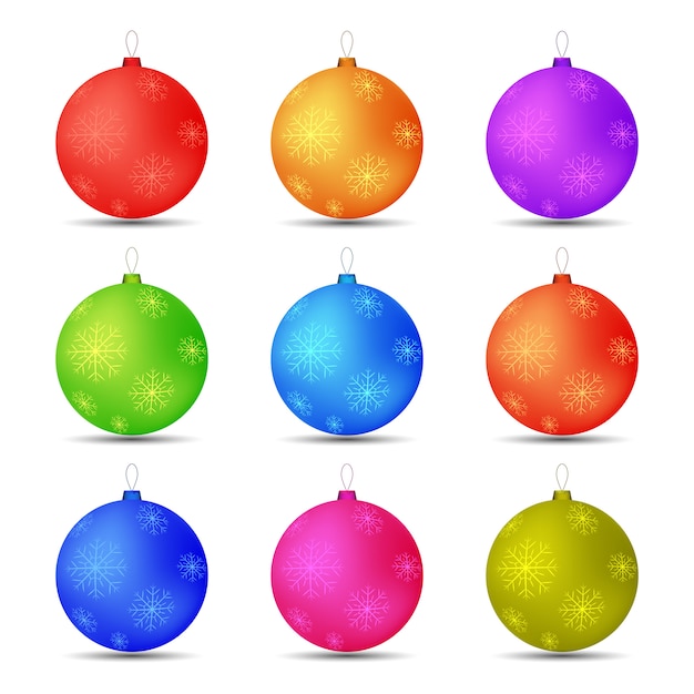 Vector conjunto de bolas de juguetes de navidad copos de nieve en diferentes colores