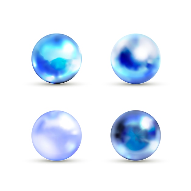 Vector conjunto de bolas de mármol azul brillante con reflejos en blanco