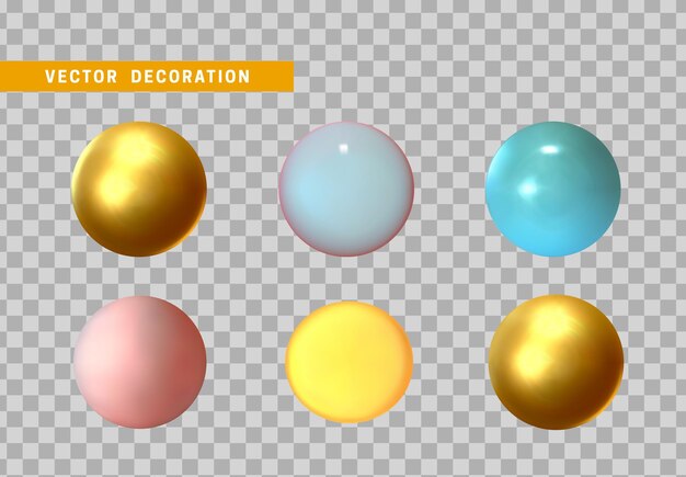 Conjunto de bolas de metal realistas, esferas redondas de vidrio. Colección de diseño 3d de bolas de colores. Aislado sobre fondo transparente. ilustración vectorial