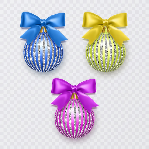 Conjunto de bolas de Navidad con arco decoración de año nuevo aislado sobre fondo blanco.