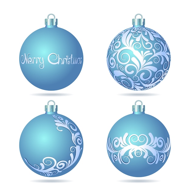 Vector conjunto de bolas de navidad azules sobre fondo blanco.