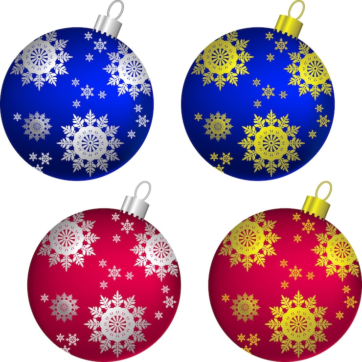 Vector conjunto de bolas de navidad brillantes azules y rojas decoradas con copos de nieve dorados y plateados
