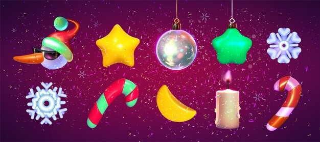 Conjunto de bolas de Navidad coloridas estrellas caramelos copos de nieve piruletas ilustración vectorial Eps 10