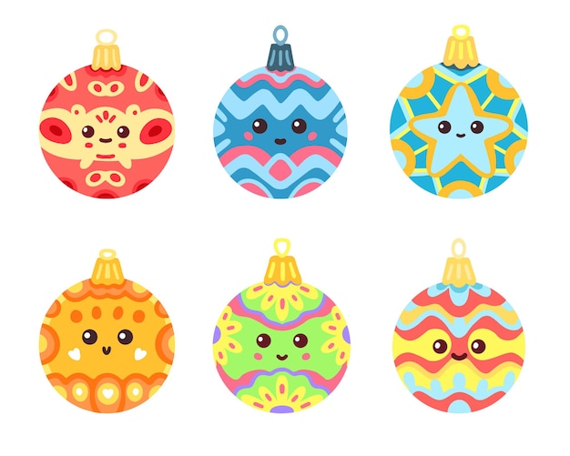 Conjunto de bolas de navidad decorativas lindas divertidas Conjunto de vectores de bolas de navidad ornamentales