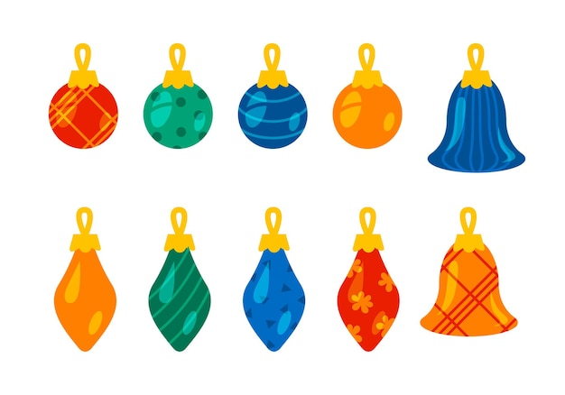 Conjunto de bolas de Navidad de diferentes formas Ilustración de año nuevo de dibujos animados coloridos aislado en blanco