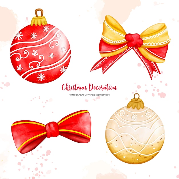 Conjunto de bolas de Navidad y lazo Decoración navideña Ilustración de acuarela de pintura digitalxDxA