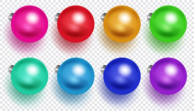 Vector conjunto de bolas de navidad multicolores con sombras suaves aislado sobre fondo transparente