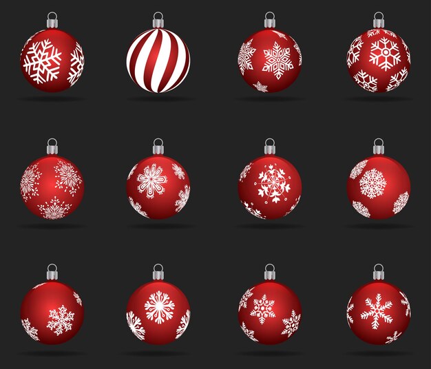 Conjunto de bolas de Navidad rojas con copos de nieve blancos y diseños a rayas sobre fondo negro