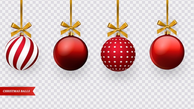 Vector conjunto de bolas de navidad rojas realistas con varios patrones.