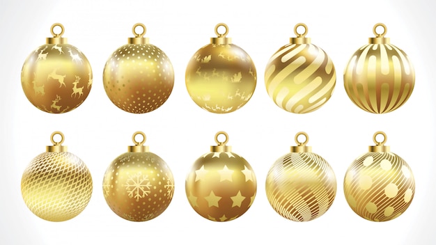 Conjunto de bolas de Navidad vector oro con adornos