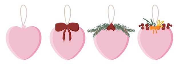 Vector conjunto de bolas de navidad vectoriales con elementos decorativos, ramas de abeto y botánicas, bayas rojas