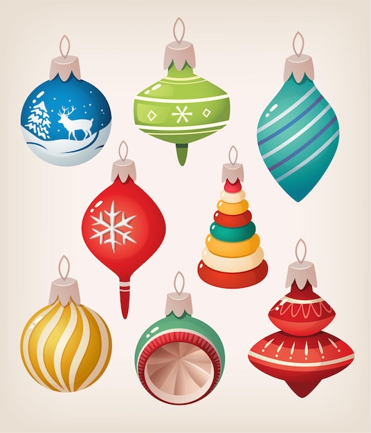 Conjunto de bolas de Navidad vintage. Iconos aislados de colores