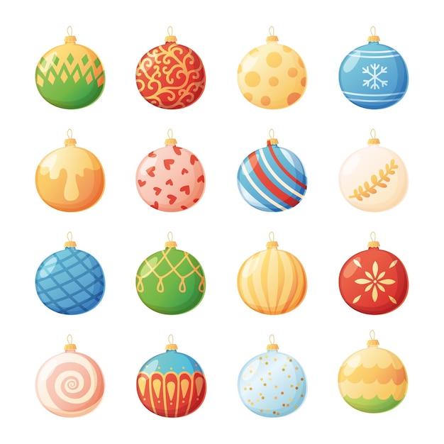 Conjunto de bolas navideñas elegantes tradicionales y modernas en estilo de dibujos animados realista