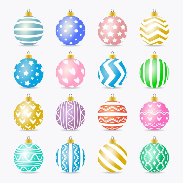 Conjunto de bolas navideñas vectoriales de estilo realista colorido con diferentes patrones y colores aislados en el fondo 10 eps