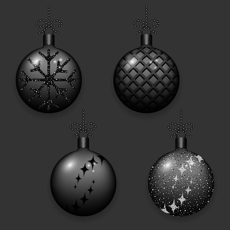 Conjunto de bolas negras de Navidad con arcos Feriados de invierno Arte vectorial Ilustración en blanco y negro
