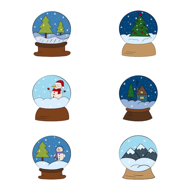 Conjunto de bolas de nieve vector doodle ilustración