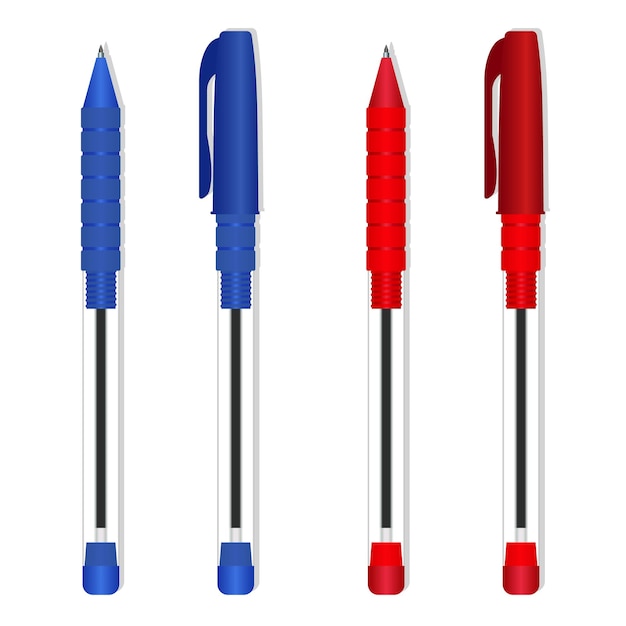 Conjunto de bolígrafos azules y rojos sobre un fondo blanco.