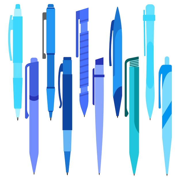 Conjunto de bolígrafos azules sobre un fondo blanco Ilustración vectorialxAxA