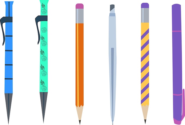 Conjunto de bolígrafos y lápices Vector de artículos escolares y de oficina
