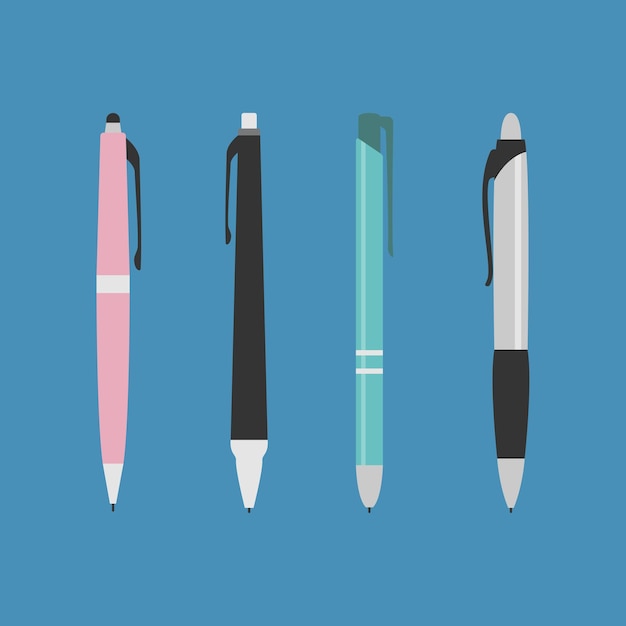 Conjunto de bolígrafos de varios colores aislados en el diseño de ilustración de vector de fondo azul en estilo plano